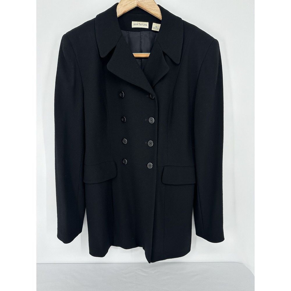 Vtg Ann Taylor LOFT 100% Wool Double Breasted Blazer Jacket Sz 10 Black Academia
